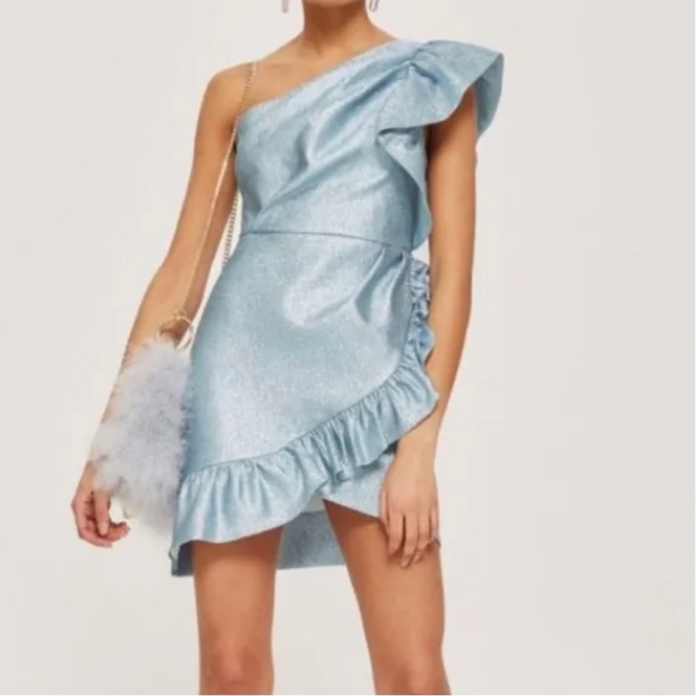 Topshop Elegant One-Shoulder Blue Sparkly Short Dress, Size S